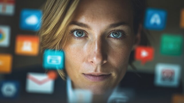 laptop reflection face eyes wide notifications social media email screen corporate office meeting calendar neutral