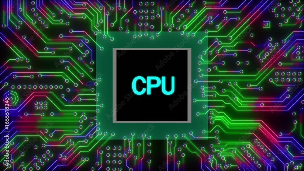 Aufkleber central processing unit (cpu) at the core of a neon circuit board highlighting digital data pathways