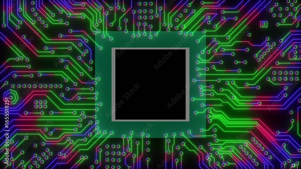 Poster futuristic circuit board with glowing neon traces and central processing unit placeholder in a digit