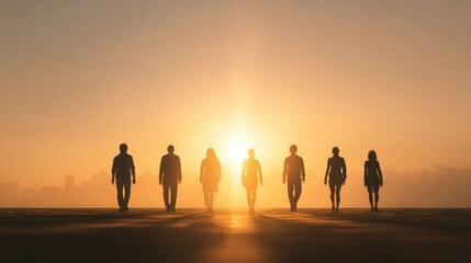 Silhouetted figures walk towards a glowing sunset, creating a serene and contemplative atmosphere.