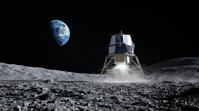 dust plume rising as autonomous lunar lander touches regolith near crater rim Earth rising over horizon high resolution photoreal rendering illustration concept scene visual for commercial design use