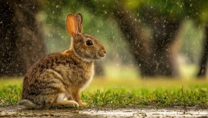 Fototapeta premium A rabbit sits in the grass during a light rain shower.