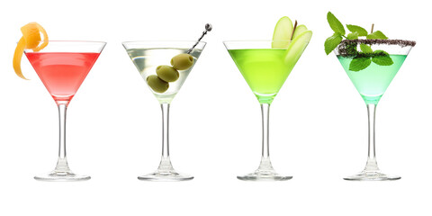 Set bundle of vibrant colorful refreshing cocktails in martini glass PNG transparent background, isolated graphic resource. Cosmopolitan, Martini, Appletini, Grasshopper cold summer cocktail garnish