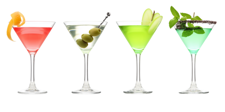 Set bundle of vibrant colorful refreshing cocktails in martini glass PNG transparent background, isolated graphic resource. Cosmopolitan, Martini, Appletini, Grasshopper cold summer cocktail garnish