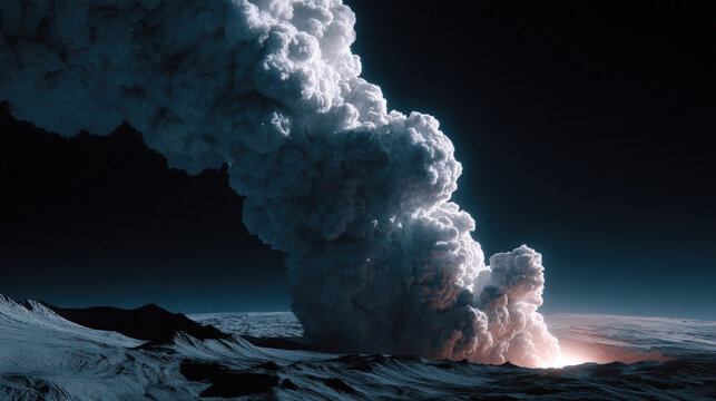 dust plume rising as autonomous lunar lander touches regolith near crater rim Earth rising over horizon high resolution photoreal rendering illustration concept scene visual for commercial design use