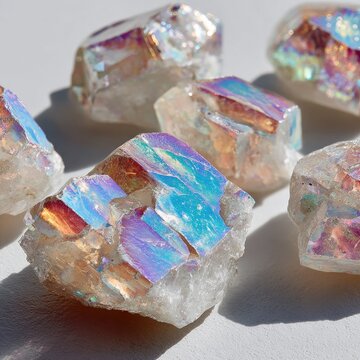 Cluster of iridescent, raw crystals, displaying vibrant rainbow hues
