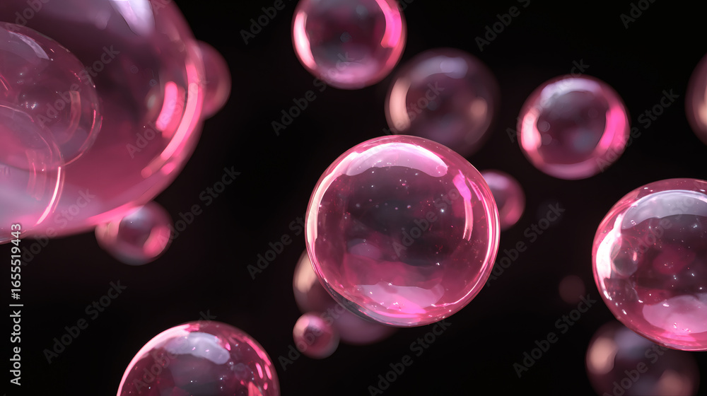 Poster translucent pink spheres float against dark background, creating dreamy and ethereal atmosphere. bub
