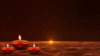 Happy Diwali Clay Diya lamps lit Diwali, Hindu festival of lights celebration. Traditional Indian Rangoli Decoration, Festive Lamp Fireworks Holiday Background burning oil diya Happy Diwali Holiday - Powered by Adobe