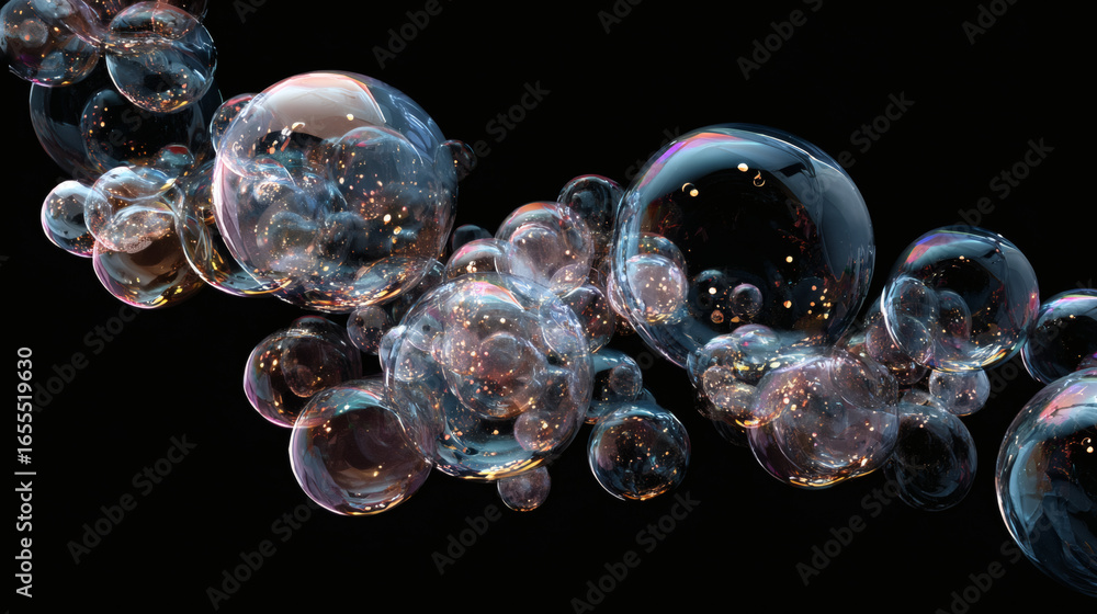 Poster floating translucent bubbles with glossy highlights create mesmerizing effect against dark backgroun