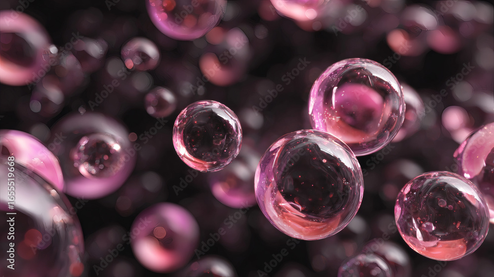 Poster translucent pink spheres float against dark background, creating dreamy and ethereal atmosphere. bub