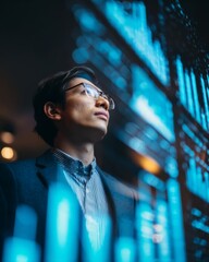 Close-up of an Asian businessman looking at holographic 3D business charts, symbolizing innovation and global leadership.