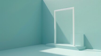 Minimalist modern interior with large concrete columns and glowing panels, featuring clean geometric design in monochrome tones.