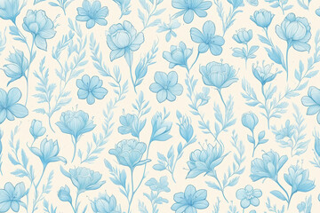 Fototapeta premium Delicate blue floral pattern illustration on a light beige background, botanical design, suitable for fabrics and wallpapers