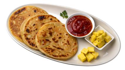 Delicious Aloo Paratha with Paneer Cubes and Tomato Chutney A Tasty Indian Meal Served on White Plate