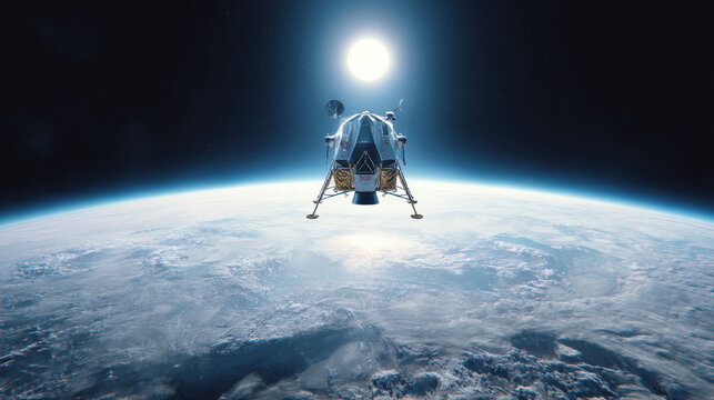 dust plume rising as autonomous lunar lander touches regolith near crater rim Earth rising over horizon high resolution photoreal rendering illustration concept scene visual for commercial design use