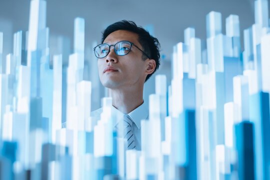 Close-up of an Asian businessman looking at holographic 3D business charts, symbolizing innovation and global leadership.