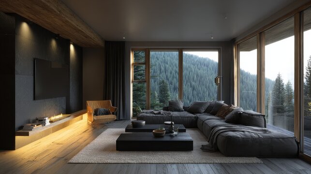 modern minimalist living room deep charcoal tv wall 85inch flatscreen panoramic windows mountain forest view modular sofa matte black table