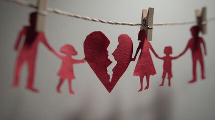 Paper cutout broken heart family on clothesline with safetypins red paper sharp focus blurred surroundings white wall concept of sadness and connection