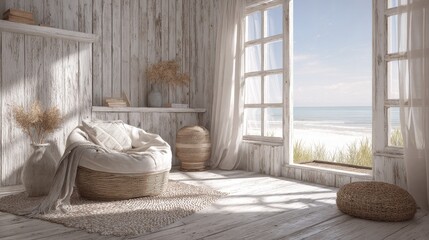 Coastal rustic whitewashed wood wall driftwood tones morning light window loungechair round offwhite minimal airy copyspace