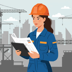 A female construction worker in a hard hat reviews blueprints on a tablet at a construction site with cranes and a cityscape in the background.