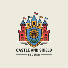 Fototapeta premium Castle and shield logo with vintage royal style, symbolizing strength, honor, and timeless protection.