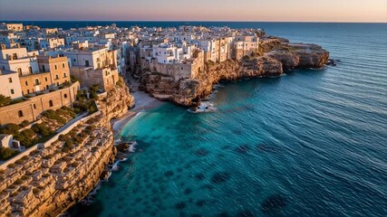 Aerial drone view of Polignano a Mare cliffside coastal town with turquoise Mediterranean sea and historic stone houses – Video 4K UHD 60fps - Powered by Adobe