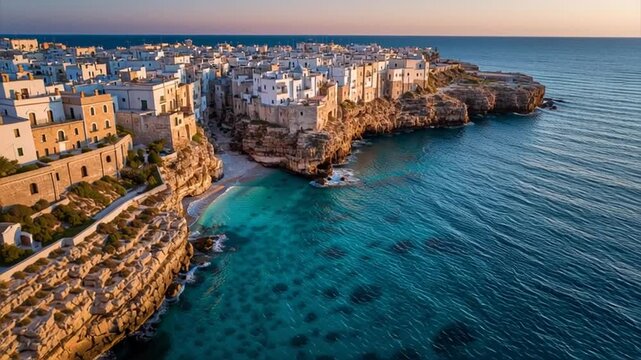 Aerial drone view of Polignano a Mare cliffside coastal town with turquoise Mediterranean sea and historic stone houses &ndash; Video 4K UHD 60fps