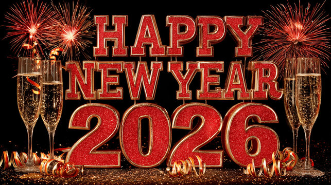 Grand "Happy New Year 2026" greeting with large red glitter numbers, set in a symmetrical party scene with four champagne flutes, fireworks, and ribbons on a black background