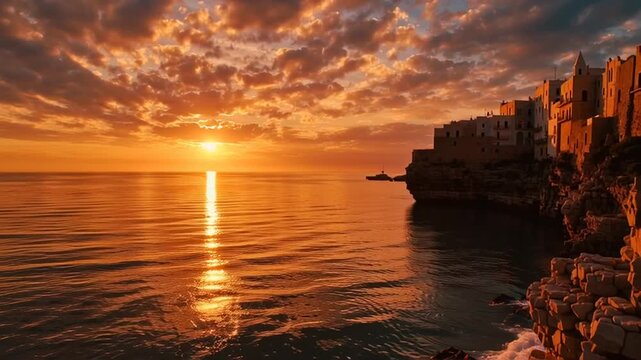 Dramatic golden hour over Polignano a Mare cliffside architecture and shimmering sea &ndash; Video 4K UHD 60fps