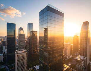 Obraz premium Contemporary Commercial Architecture Sleek Glass Office Towers Reflecting a Modern Skyline