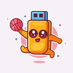 cheerful flash disk character mascot playing basketball isolated cartoon