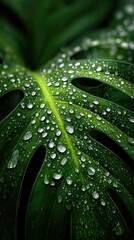 Close-up of a vibrant, wet monstera leaf