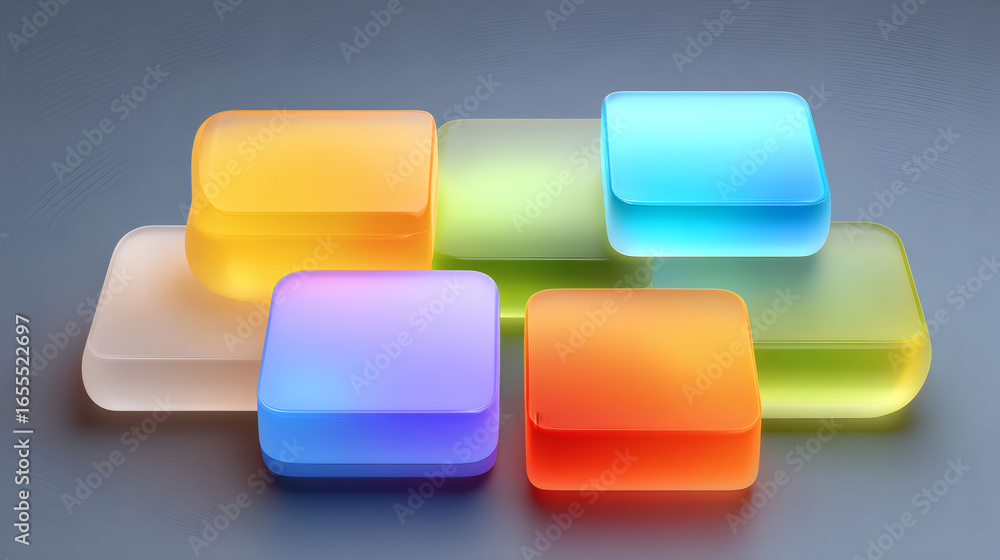 Poster glossy layered translucent icons in overlapping colors create vibrant and modern design. smooth, rou