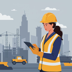 A professional female construction engineer, wearing a hard hat and safety vest, diligently reviews plans on a tablet at a bustling urban building site.
