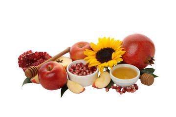 Colorful mix of apples, pomegranates, and honey, isolated on white, PNG