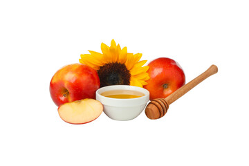 Apples, honey in a bowl, and sunflower with dipper, isolated on white, PNG