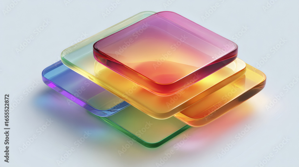Poster colorful translucent squares layered in overlapping pattern create vibrant and glossy visual effect.