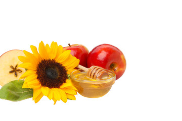 Sunflower, honey, apples, and slice artfully, isolated on white, PNG