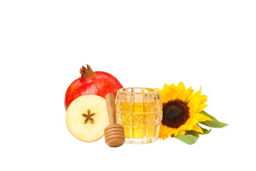 Apple slices, pomegranate, honey, sunflower, isolated on white, PNG