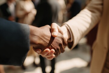 Close-up of a handshake between diverse professionals in formal attire, representing trust, partnership, and business success.