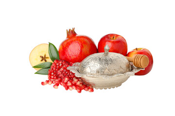 Fruits arranged artistically with a silver bowl, isolated on white, PNG