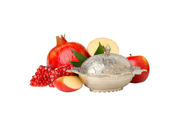 Vibrant fruits in a decorative bowl, isolated on white, PNG