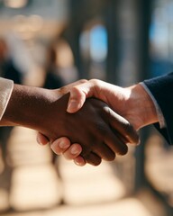 Close-up of a handshake between diverse professionals in formal attire, representing trust, partnership, and business success.