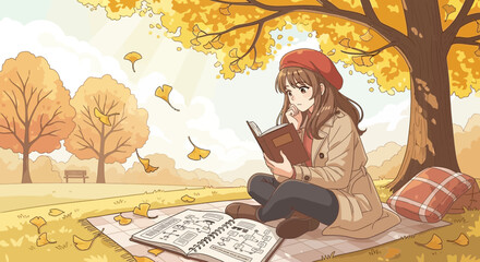 Illustration of a young woman enjoying an autumn day in the park reading a book