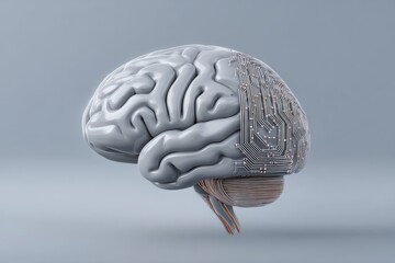 A 3d render of a human brain with integrated circuitry, symbolizing artificial intelligence and technological advancement in cognition and thought processes