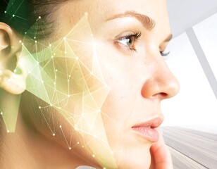 Woman undergoing facial recognition scan in modern office environment, highlighting technology's role in identity verification and security, creating a sense of futuristic innovation.