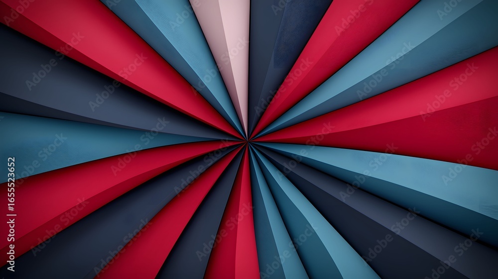 Poster the image shows a dynamic abstract design featuring red, gray, and blue converging lines radiating f