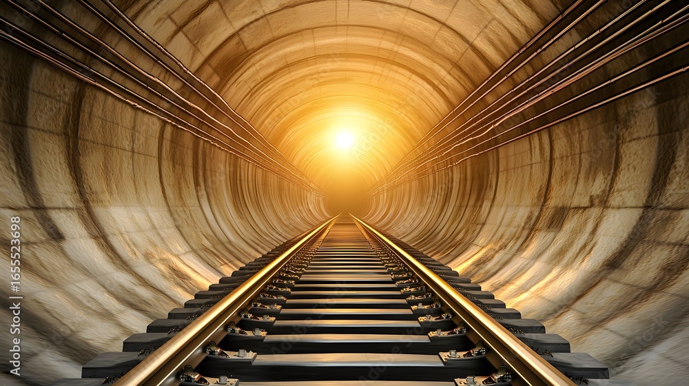 Aufkleber the image shows a perspective view of a railway track going into a tunnel, illuminated by a bright l