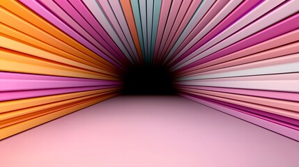 Fototapeta premium The image features a tunnel-like structure with vibrant horizontal stripes in shades of orange, pink, and light blue, leading into a dark, undefined space at the back.