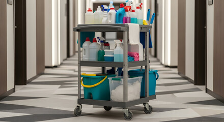 Professional hotel cleaning service cart ready for use in a modern corridor
